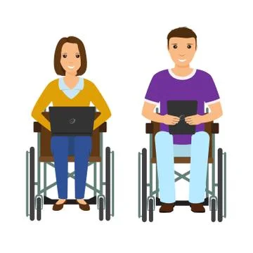 Electronic learning disability people man and woman in wheelchair. Invalid ma Stock Illustration
