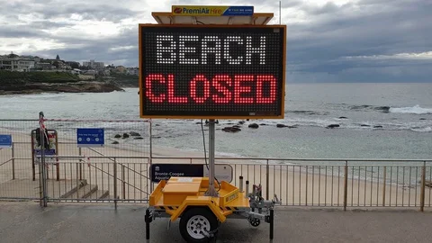 Electronic LED Beach Closed Road Sign In Bronte Beach, Sydney, Australia - Stock Footage 128504853
