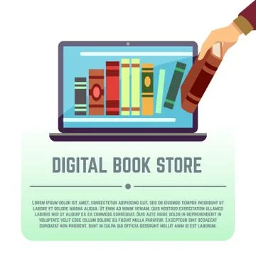 Electronic library, online documents, digital book store, books on computer Stock Illustration