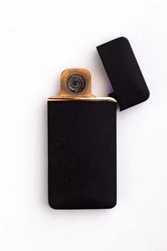 Electronic lighter, matte surface, gold frame, short focus, on a white backgr Stock Photos
