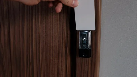 Electronic lock, opening the lock with a plastic card. Opening the door Stock Footage 102890265