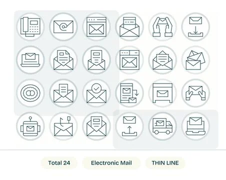 Electronic Mail Design Vector Icons featuring 24 Detail Enhanced Thin Line .. Stock Illustration