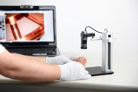 Electronic microscope with pc, concept of scientific research and new technol Stock Photos