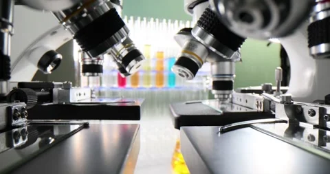 Electronic microscopes positioned in rows on laboratory tables Stock Footage 267188525