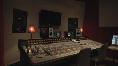 Electronic Mixing Console, Mixing Desk With Speakers, And TV Screen Inside Stock Footage 130447794