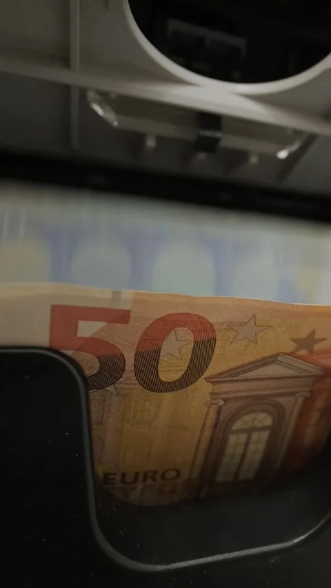 Electronic money counter machine processing 50 Euro bills. Banking concept. Stock Footage 331504298
