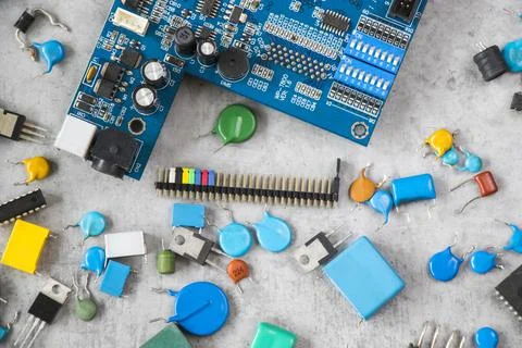 Electronic motherboard and isometric processor, microchip parts Stock Photos