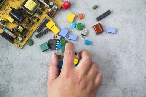Electronic motherboard and isometric processor, microchip parts Stock Photos
