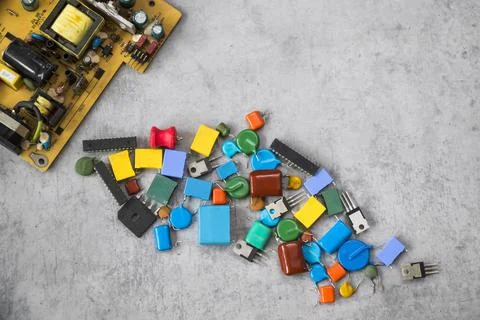 Electronic motherboard and isometric processor, microchip parts Stock Photos