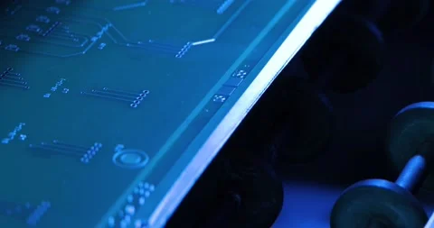 Electronic motherboard with interconnected microelectronic components moves on a Stock Footage 201210763