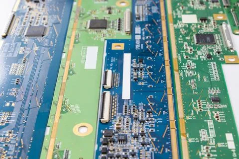 Electronic motherboard, isometric processor microchip Stockfoto's