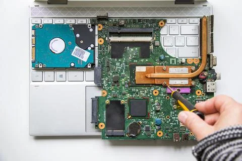 Electronic motherboard, isometric processor microchip, motherboard parts and  Foto stock
