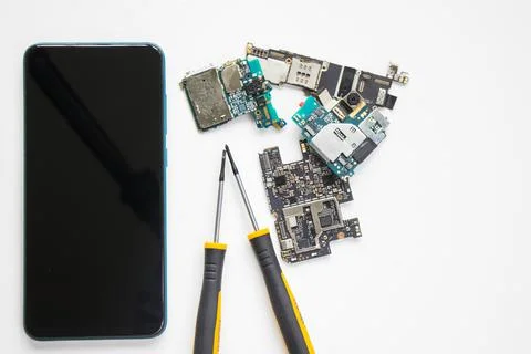 Electronic motherboard, isometric processor microchip of mobile phone, digita 写真素材