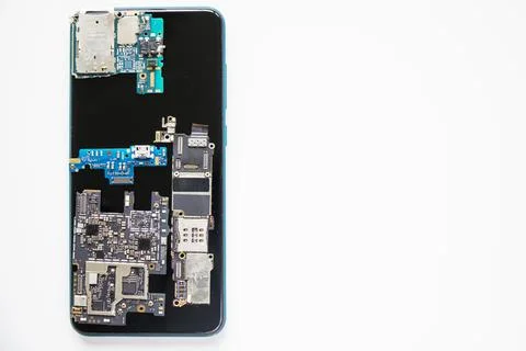 Electronic motherboard, isometric processor microchip of mobile phone, digita 스톡 사진