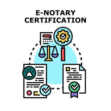 Electronic notary certifying legal documents online concept Stock Illustration