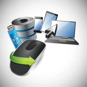 Electronic objects and wireless computer mouse isolated on white background Illustrazione stock