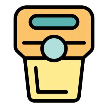 Electronic parking meter displaying low battery status with orange and yell.. Illustrazione stock