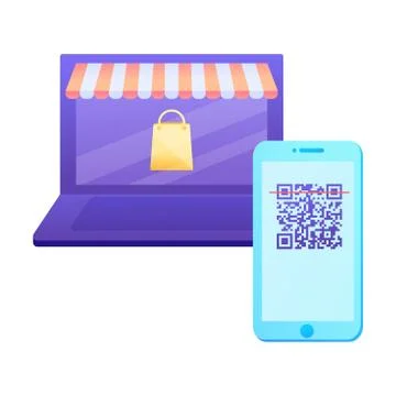 Electronic payment with reading qr-code on phone and laptop illustration Illustrazione stock