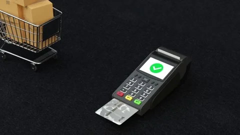 Electronic payment terminal processing credit card next to shopping cart wi.. 스톡 동영상 332317114