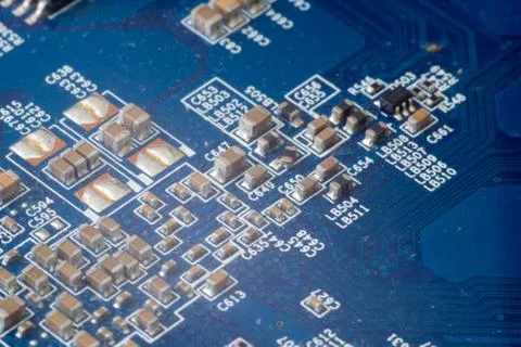 Electronic PCB printed circuit board in macro close-up with transistors circu Foto stock