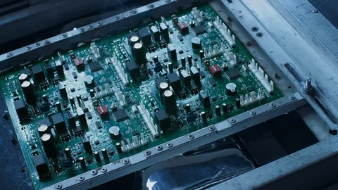 Electronic Printed Circuit Board with Microchips, Transistors, Semiconductors Stock Footage 98707424