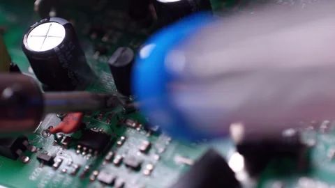 Electronic printed circuit board or PCB with transistors and capacitors Stock Footage 256073048