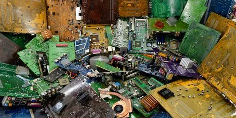 Electronic printed circuit boards in an electronics dump. Stock Photos