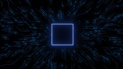Electronic processor circuit visual with blue glowing pathways, dark board textu Stock Footage 340552308