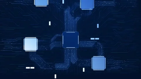 Electronic processor network visual with blue chip nodes, clean circuit routes, Stock Footage 340526595