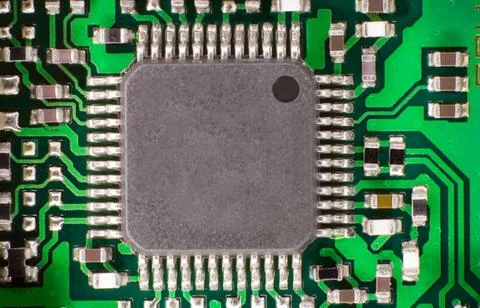 An electronic processor, positioned in the center of an electrical circuit. Stock Photos