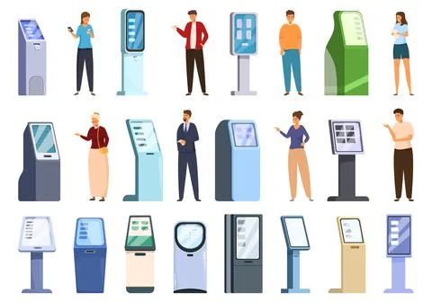 Electronic queue equipment icons set cartoon vector. Visitor ticket Stock Illustration
