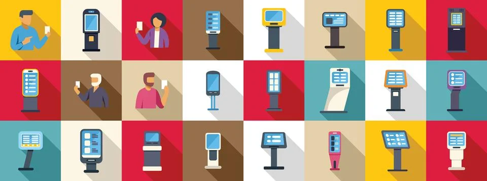 Electronic queue equipment icons set. People using and showing interactive .. Stock Illustration