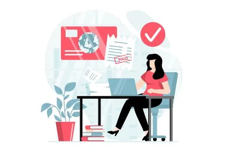 Electronic receipt concept with people scene in flat design. Woman manages .. Stock Illustration
