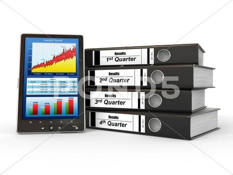 Electronic report. binders and tablet pc with graph. 3d Stock-Illustration