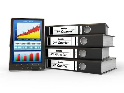 Electronic report. binders and tablet pc with graph. 3d Stock Illustration