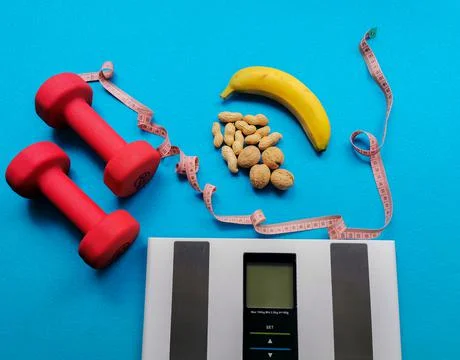 Electronic scale, banana, nuts, measuring tape and dumbbells Stock Photos