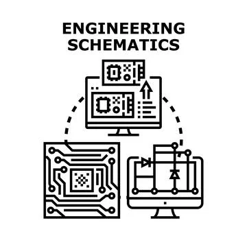 Electronic schematics developing on computer monitor screens Stock Illustration