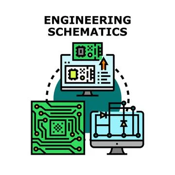 Electronic schematics developing on computer monitor screens Stockillustratie