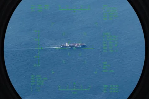 Electronic scope view of vessel during maritime monitoring. Stockfoto's