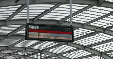 Electronic scoreboard with the schedule on the platform Stock Footage 67467909