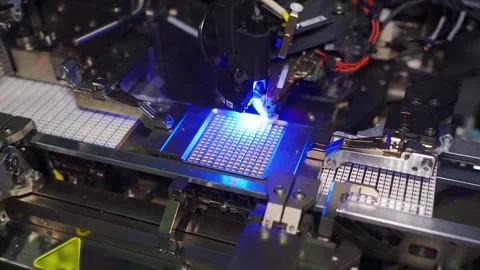 Electronic semiconductor industry. Close-up of robotic process of installing Stock Footage 315761244