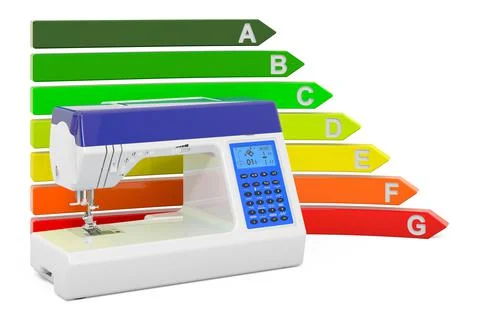 Electronic sewing machine with energy efficiency chart, 3D rendering Stock Illustration