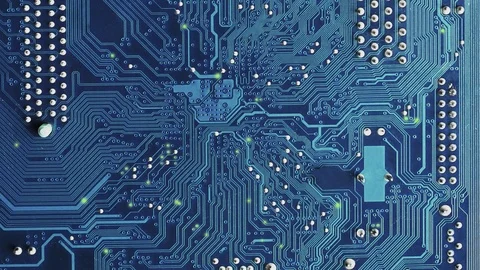 Electronic signal move along the surface tracks of the blue circuit board Stock Footage 126360748