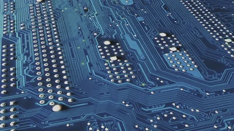 Electronic signal move along the surface tracks of the blue circuit board Stock-Footage 127470517