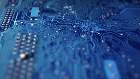 Electronic signal move and flash along surface tracks of the blue circuit board Stock-Footage 234724774