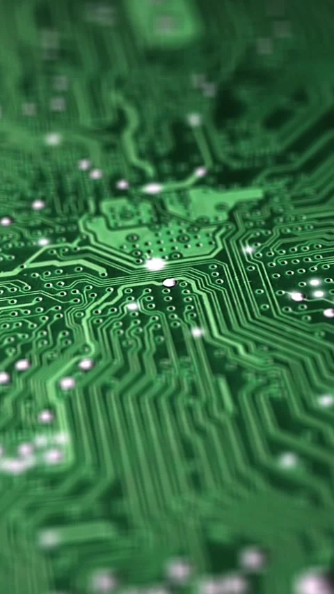 Electronic signal move and flash along surface tracks of green circuit board Stock Footage 324791416