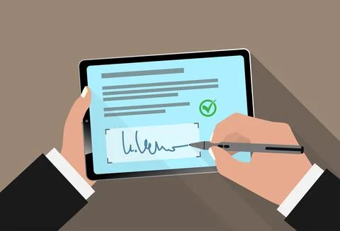 Electronic signature with stylus on tablet computer touchscreen Illustrazione stock