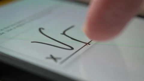 Electronic Signature on Tablet Computer by finger. Sign Document of Deal on PC Stock Footage 154498514