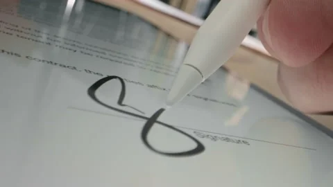 Electronic Signature on Tablet Computer by Pen in Male Hand. Sign Document of De Stock Footage 199480882
