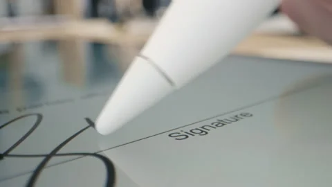 Electronic Signature on Tablet Computer by Pencil in Male Hand. Sign Document of Video stock 199480653